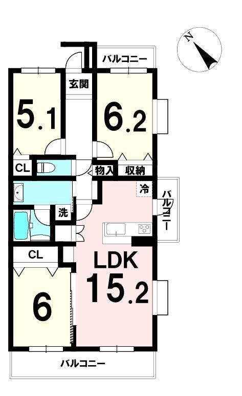 【間取り】
3面バルコニーの明るい角住戸。水回り刷新で新築のような快適性と、家族で使いやすい3LDKが魅力。