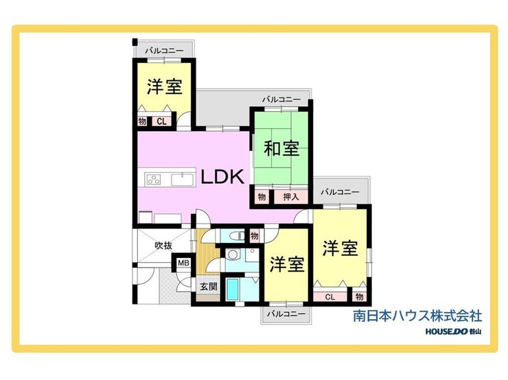 【間取り】
81.57㎡の広々4LDK。角部屋ならではの3面バルコニー付きで、開放感のある間取りです。